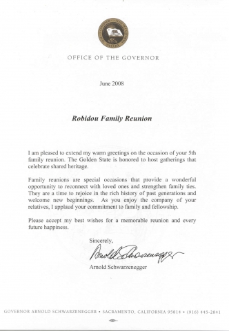 Letter from Governor Schwarzenegger. I had hoped to be able to have this displayed in our meeting room, but it did not arrive until after I had already left for the reunion. 

Kim 