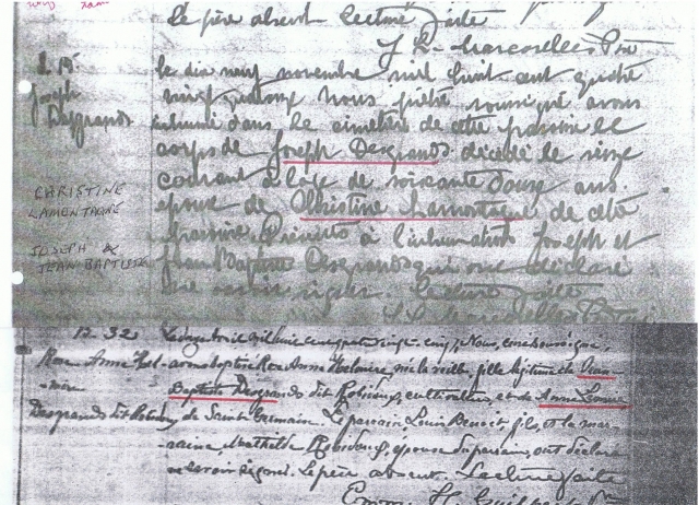 Document from Roger Desgrand in Austrailia showing the written name of Desgrand, as well as Desgrand dit Robidoux. Interestingly enough, it also shows Joseph Robidoux, Pierres father, listed only as Joseph Desgrands. Roger is attempting to see if there is