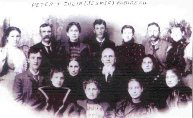 Taken sometime 1880 to 1885. The Peter and Julia Jessmer family:

Back row left to right: Olive (Ollie), Peter Sr, Elizabeth (Libby), Francis (Frank), Malvina (Vina), Nelson (Nels), Marcelena (Lena)
Middle row left to right: Ernest, Julia, Peter, Chris