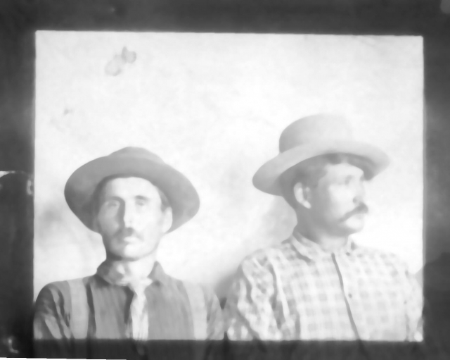 Louis Roubidoux (9D2a1a1e2) was born January 01, 1867 in Fort Yates, South Dakota. He is pictured here with his older brother Edward Roubidoux, (9D2a1a1e1) born July 23, 1865 in Fort Yates, South Dakota. They are brothers to David Harney, Charles and Gus,